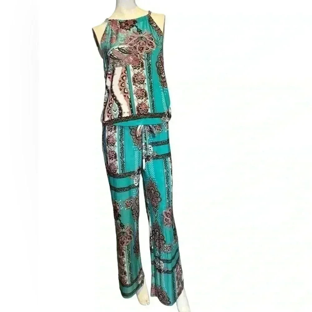 Flirty Pink floral print open back Green jumpsuit Size M